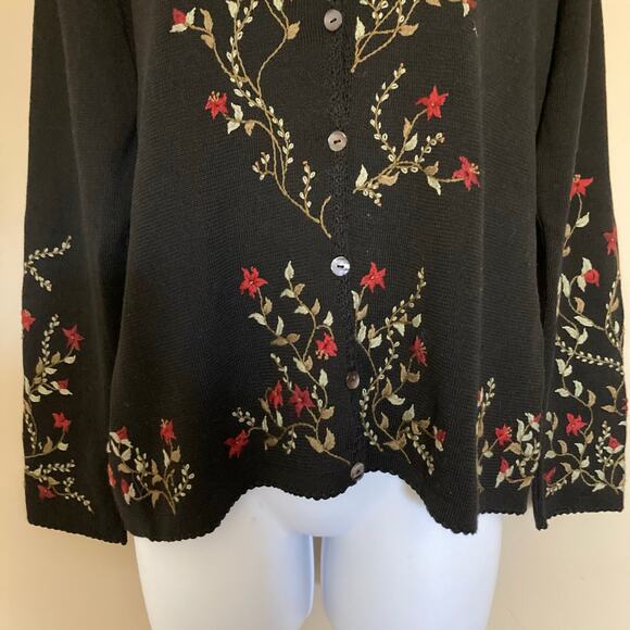 Peruvian Connection Black Floral Trim Pima Cotton Sweater Cardigan Size Large - Picture 4 of 16